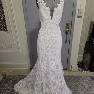 Watters & Watters Lace Mermaid Wedding Dress with Plunging V-Neck -Ivory/Nude